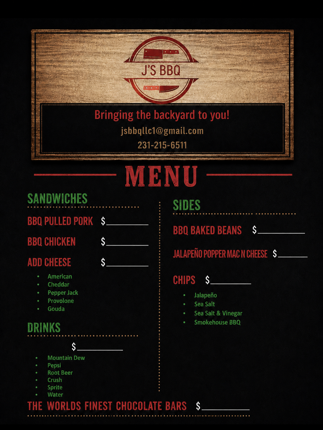 J'S BBQ full menu with sandwiches, sides, drinks, chips, and chocolate bars